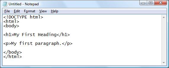نمایی از کدهای HTML تایپ شده در برنامه Notepad ویندوز